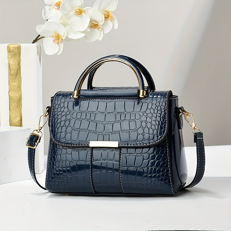 Stylish black crocodile pattern crossbody bag for women with magnetic closure and simple solid color design.