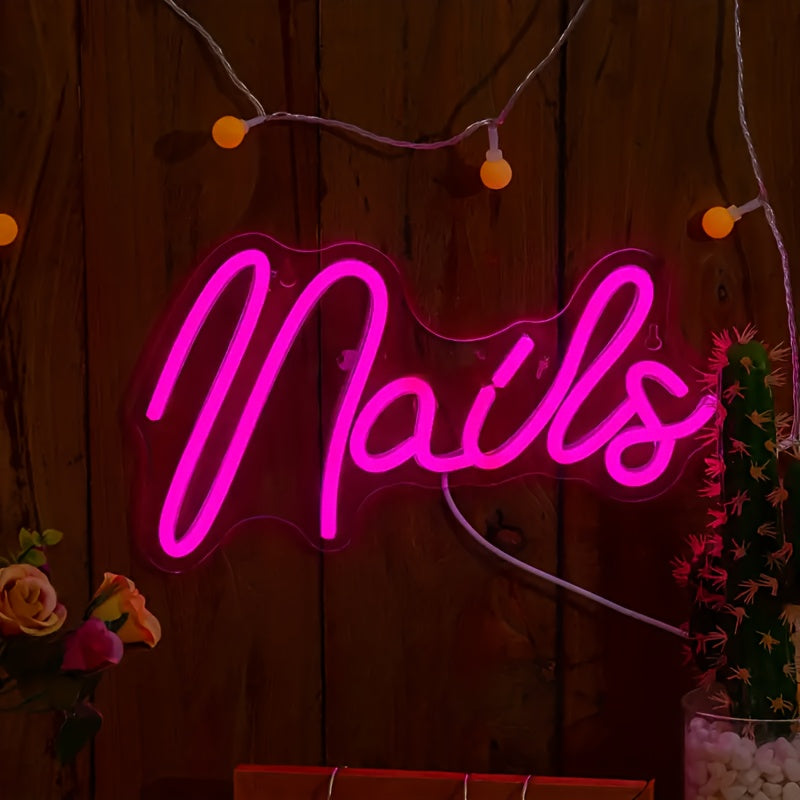 Neon light sign for home, nails studio, or salon featuring creative letter design.