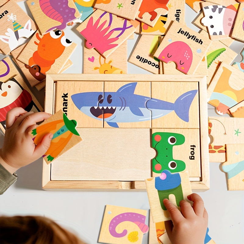 Colorful wooden animal puzzle toys teach children shapes and colors, making them a perfect gift.