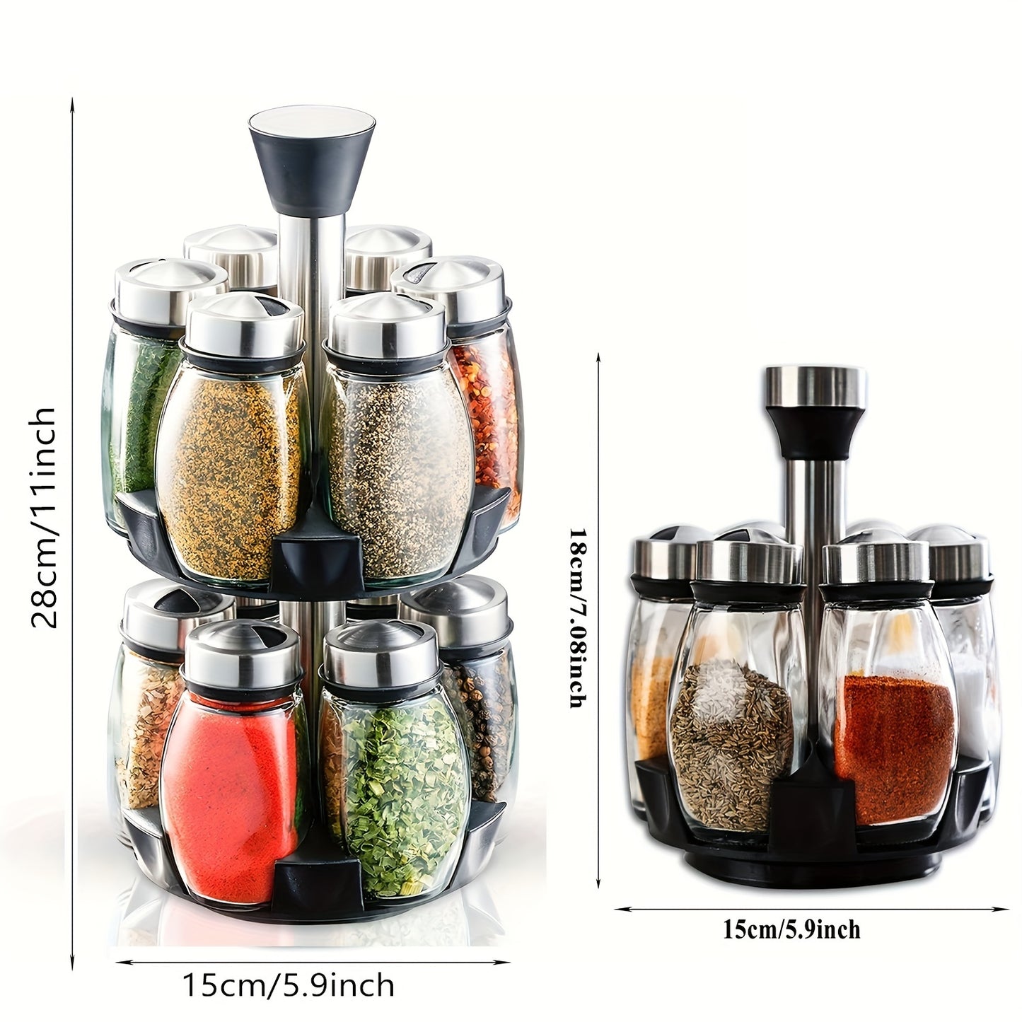 Revolving spice rack set includes 6 or 12 jars with 360° rotation shelf and glass refill containers for cabinet or countertop. Spices not included.