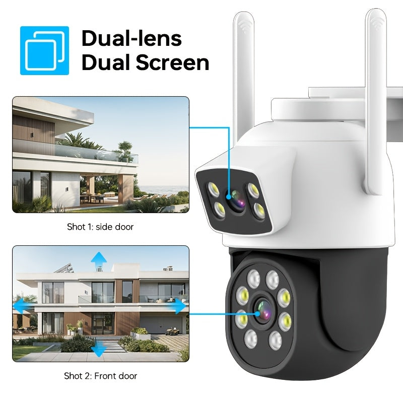 Outdoor Security Camera with Dual Lenses, Dual-Band Wifi for Home Monitoring, Motion Detection, Two-Way Audio, Color Night Vision, and Wireless Capability- 4 Megapixel