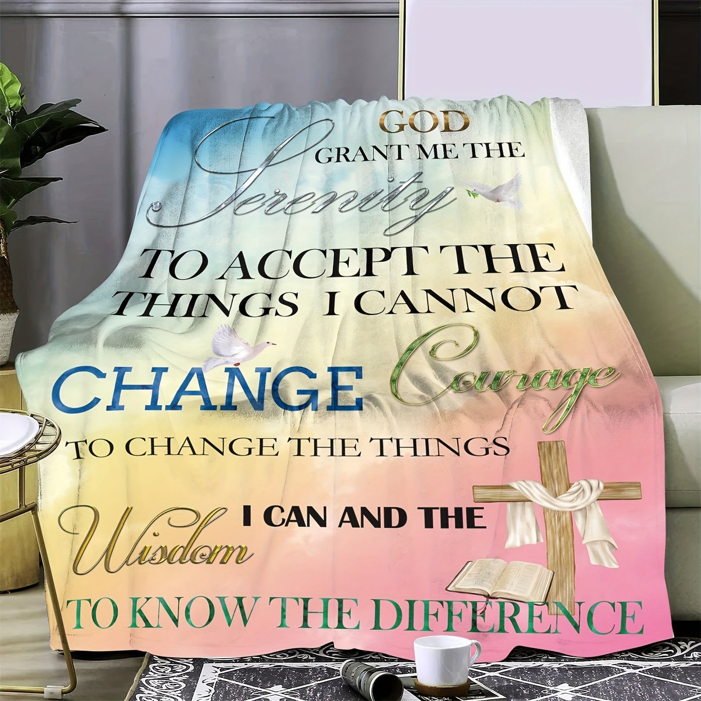 Soft and warm fleece blanket featuring the Serenity Prayer, perfect for all seasons. This multipurpose knitted polyester throw is ideal for beds, sofas, and travel.