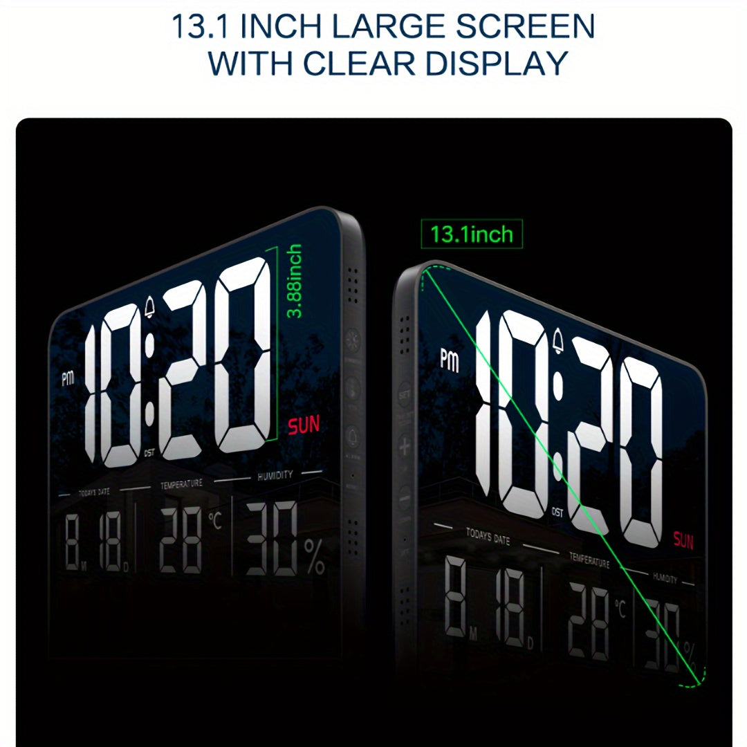 This LED Digital Wall Clock measures 33.27cm and comes with a remote control. It features adjustable brightness, a calendar, temperature display, and a snooze function. The clock can be set to display in 12 or 24-hour format and is ideal for use in the