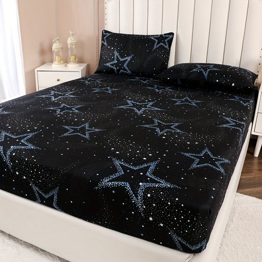 Transform your bedroom with the Starry Sky Bedding Set. This set includes a soft fitted sheet and two pillowcases, all made from durable polyester with a 80-85gsm twill weave. The flat print design adds a touch of style to your decor, while the 30-34cm