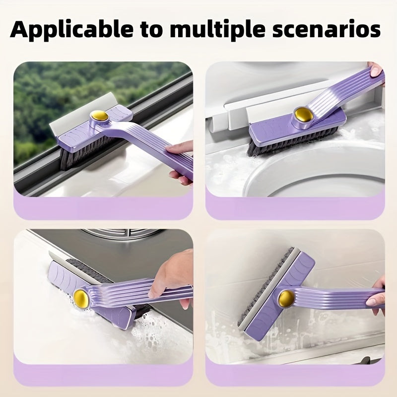 Multifunctional rotating gap brush suitable for 360° ceramic tile cleaning. This 4-in-1 bathroom floor scraper features a reusable plastic handle and is perfect for use in the living room, bedroom, bathroom, and kitchen. No power required for operation.