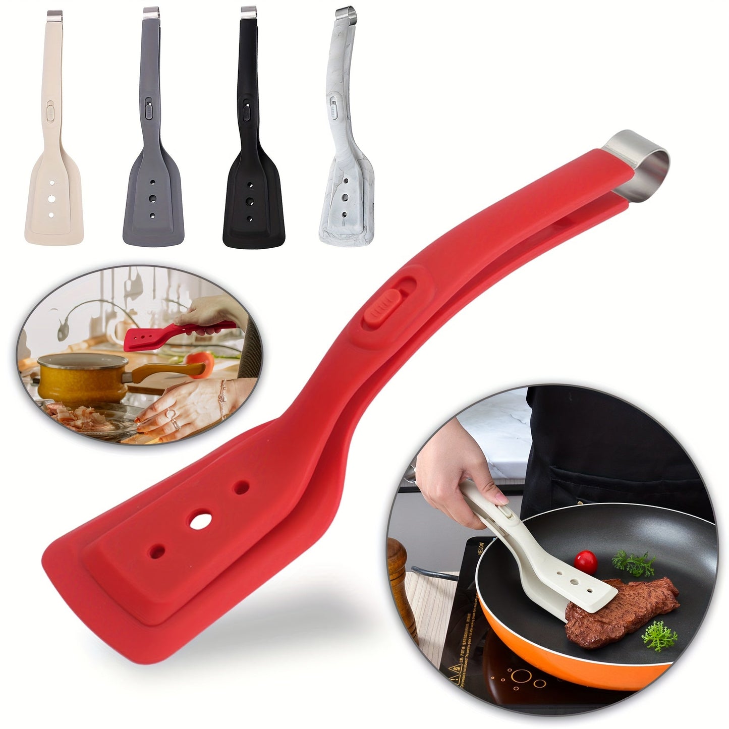 Multi-purpose Stainless Steel and Silicone Cooking Tongs - Durable, Heat Resistant, Adjustable for BBQ, Bread, Fish, Eggs, Steak, Pancakes, and Salads - Non-Stick Kitchen Utensil