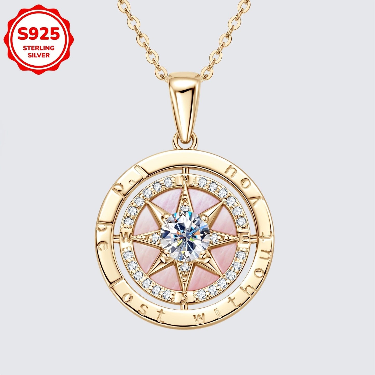 Necklace with Compass Pendant Made of 925 Sterling Silver, Adorned with White Cubic Zirconia and Pink Mother of Pearl, 45+5cm Chain Included - Perfect Graduation Gift