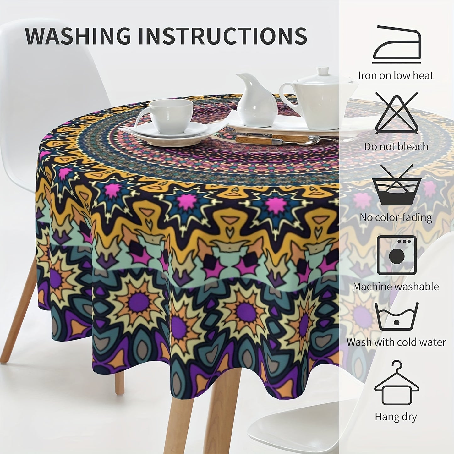 1 piece Bohemian Mandala Round Tablecloth - Waterproof Polyester for Kitchen, Dining, Holidays, Picnics, Camping