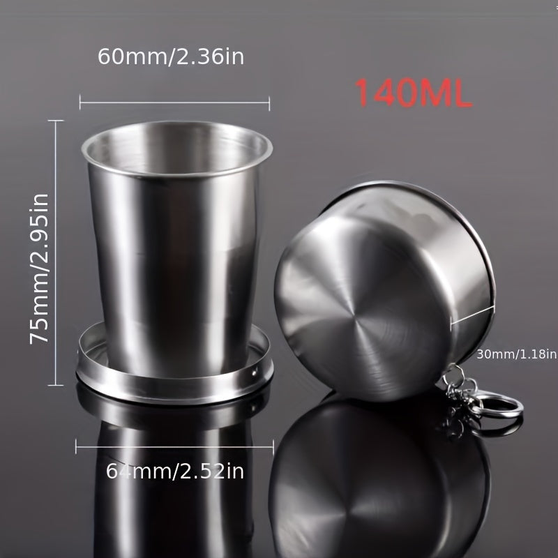 Stainless steel folding cup with keychain, retractable and portable. Ideal for camping and outdoor activities.