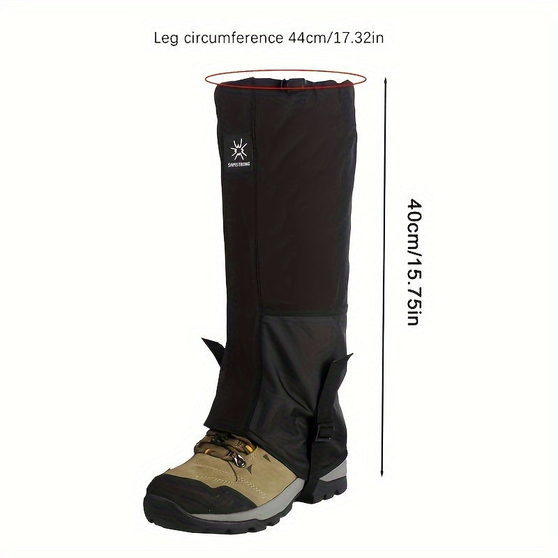 Waterproof snow gaiters for hiking, walking, and mountain climbing with adjustable fit.