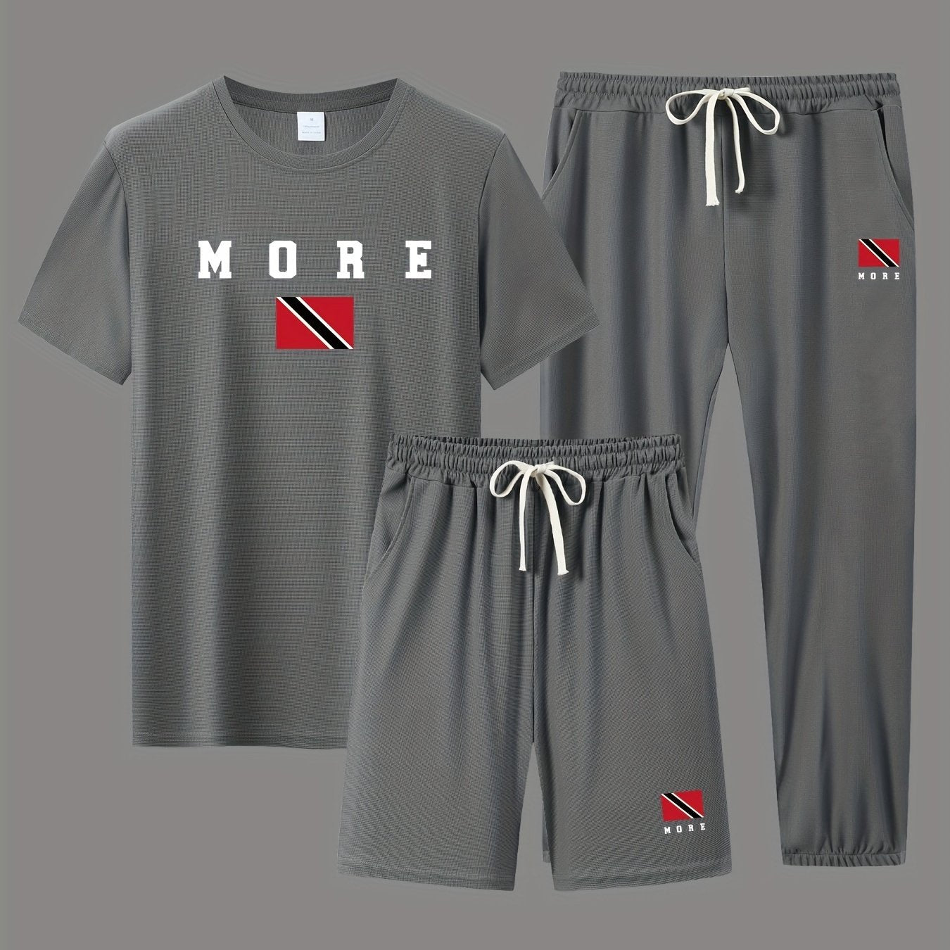 MORE Men's 3-piece Casual Sports Set: includes short sleeve T-shirt, shorts, and pants. Made for breathable summer wear.