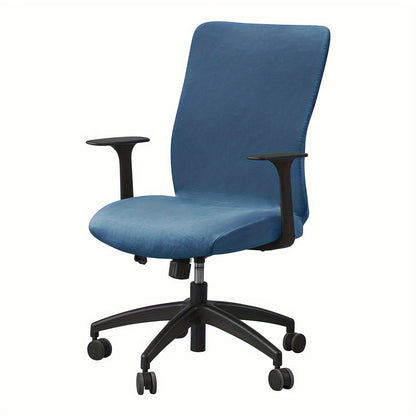 Soft velvet office chair cover with elastic stretch and slip-resistant grip, suitable for home, hotel, and office use. Made of a polyester and spandex blend, machine washable.