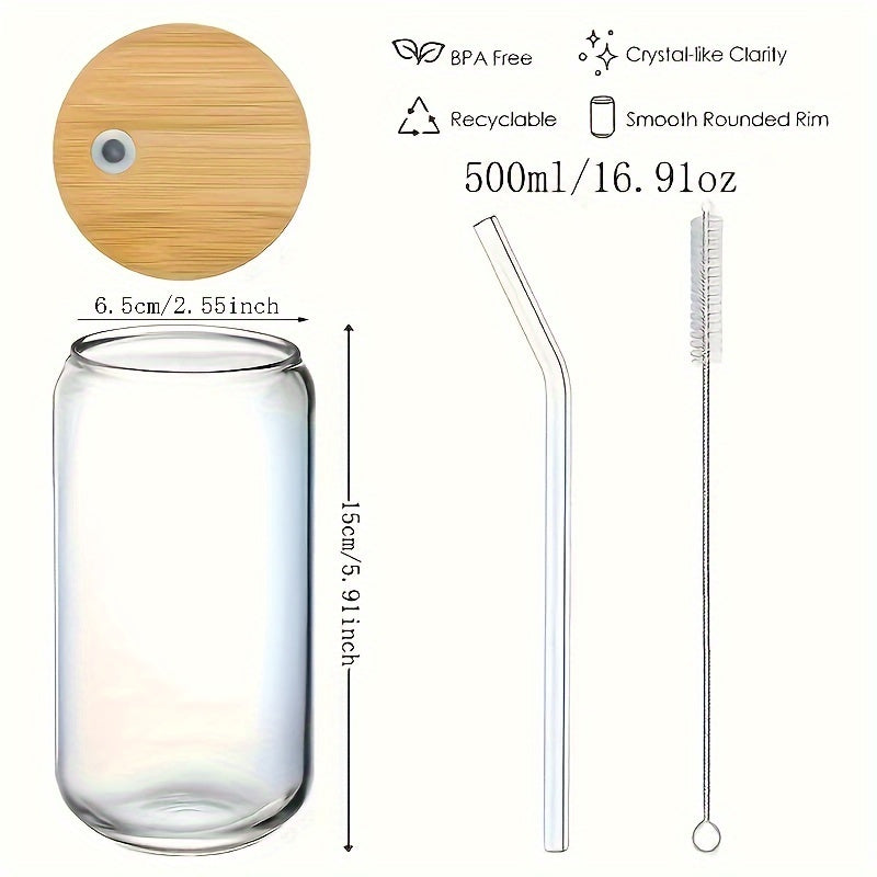 Set of drinking glasses with bamboo lids and glass straws; 16oz can shaped cups for beer, iced coffee and cocktails. Ideal gift for whiskey lovers.