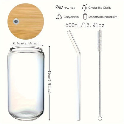 Set of drinking glasses with bamboo lids and glass straws; 16oz can shaped cups for beer, iced coffee and cocktails. Ideal gift for whiskey lovers.