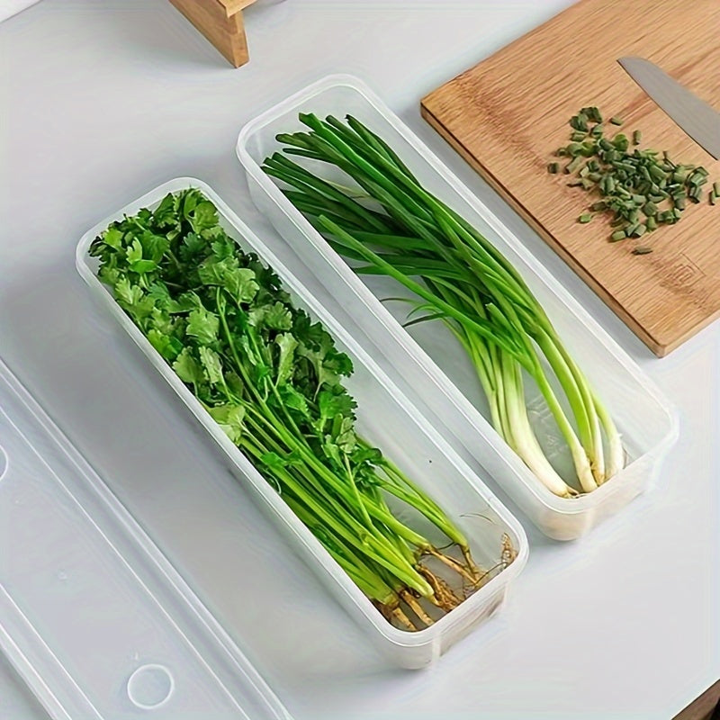 Two large plastic food storage containers designed for organizing vegetables in the refrigerator. These durable kitchen organization boxes feature a secure seal and require no electricity. Perfect for use as desk and drawer organizers for home storage.