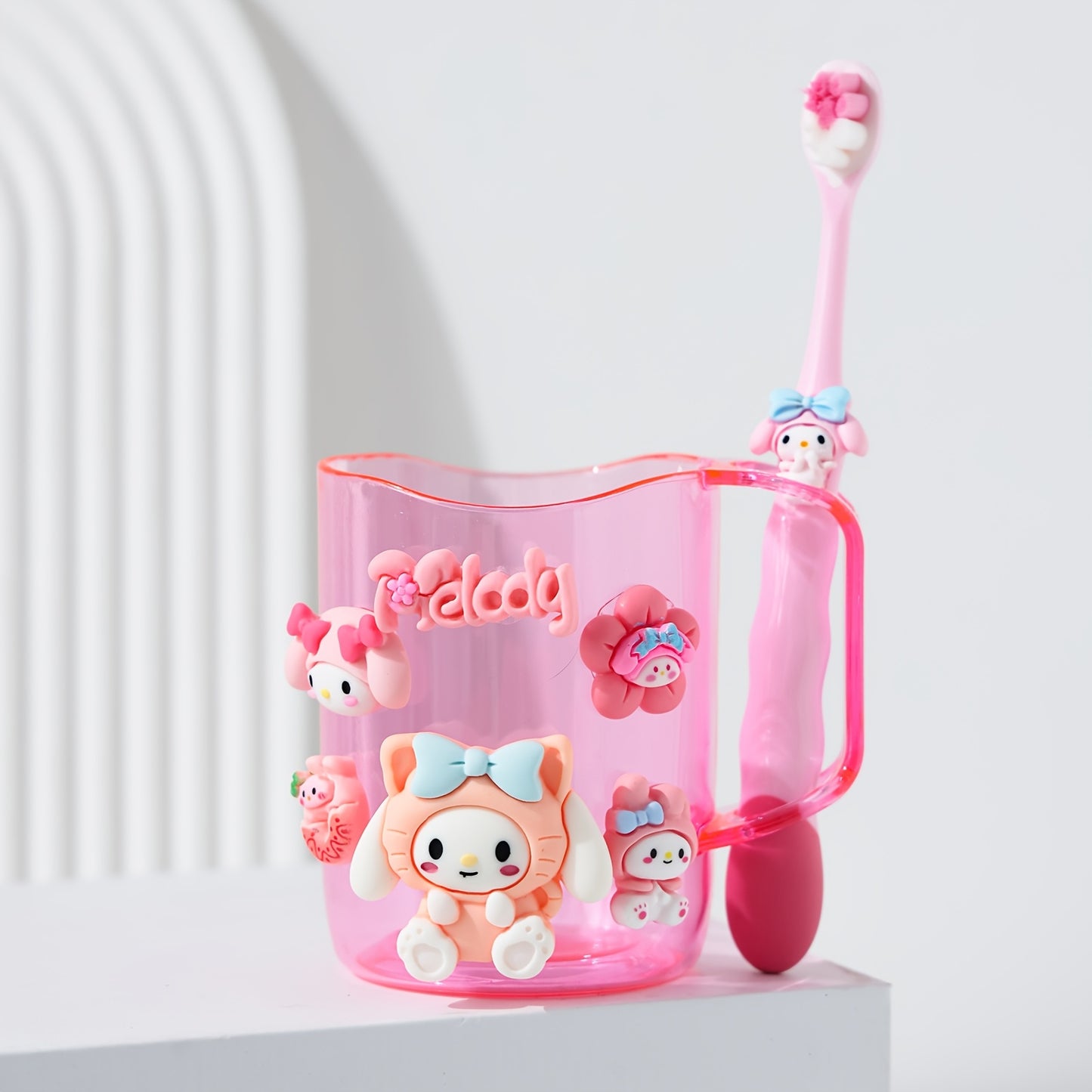 2pcs Sanrio Cute Cartoon Kuromi, Melody toothbrush holder set made of durable PP material for both men and women. Includes mouthwash cup and toothbrush.