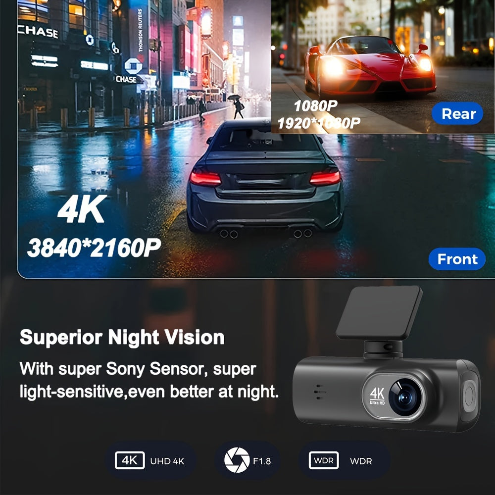 4K UHD front and 1080P rear dual dashcam with WiFi, hidden design, smart app control, super night vision, parking mode, G-sensor, loop recording, and free 32GB SD card.