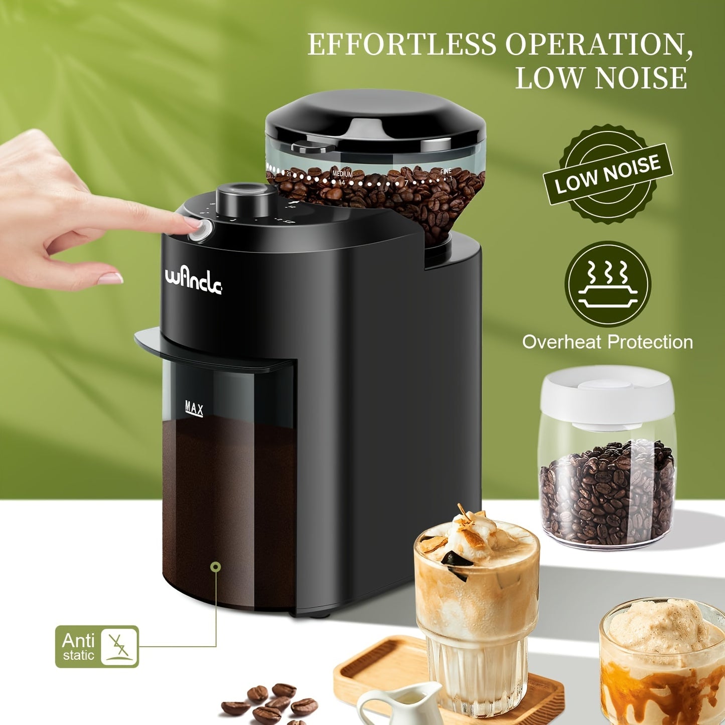 Professional coffee bean grinder with 28 adjustable precision grinding settings, perfect for making 12 cups of coffee.