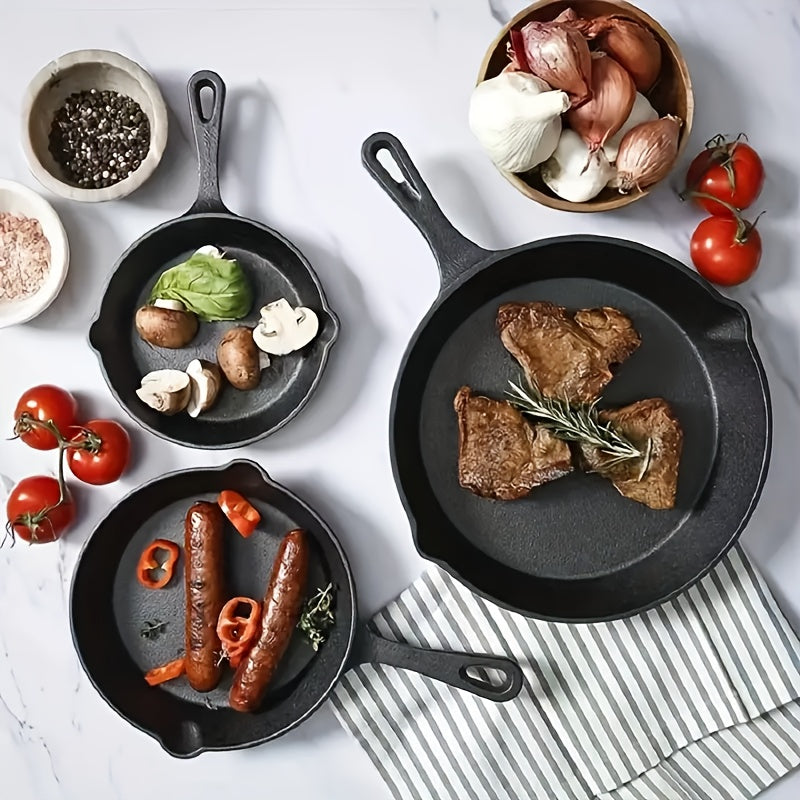 Cast Iron Skillet Set with Scraper & Lid - 3 Pieces, Pre-Seasoned Non-Stick Cookware for Frying, Stirring, and Baking - Must-Have Kitchen Tools.