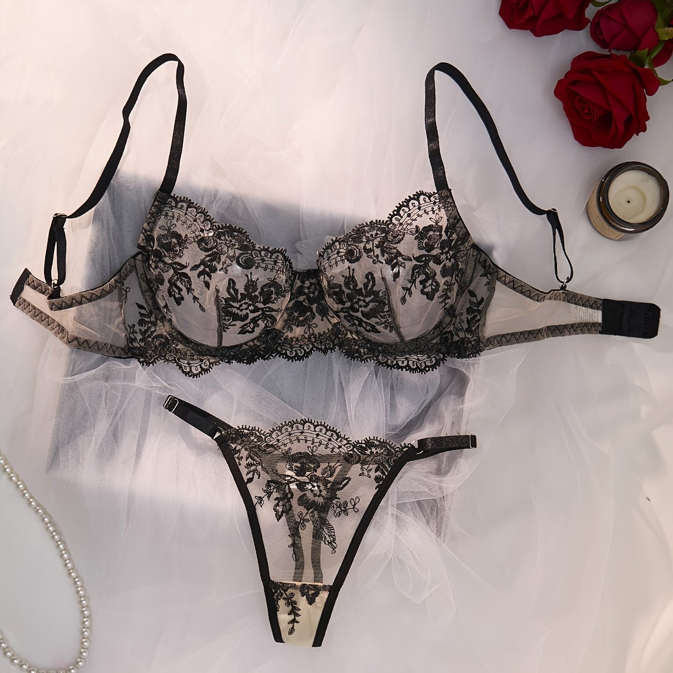 Fall and winter hot deal: Palace-style women's embroidered flower sexy set including single layer fishnet bra and thong, midnight passionary underwear set, and gathered thin bra and panties.