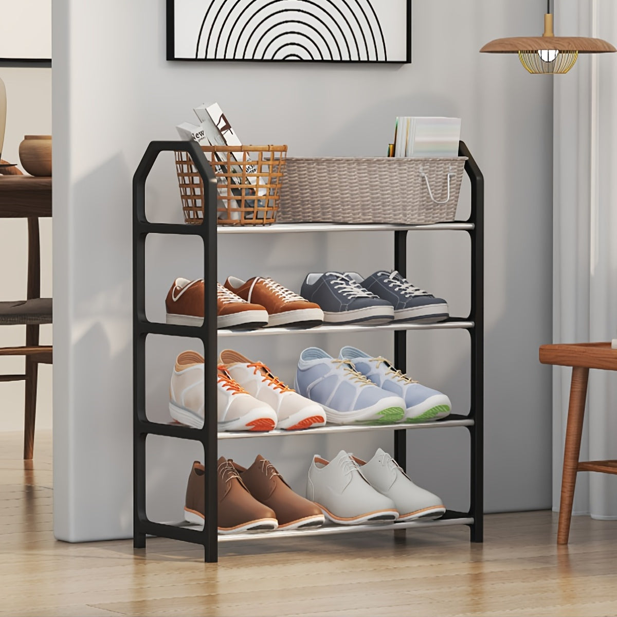 Basic multi-layer shoe shelf for a household or rental housing. This solid door shoe cabinet is versatile and functional for storing shoes.