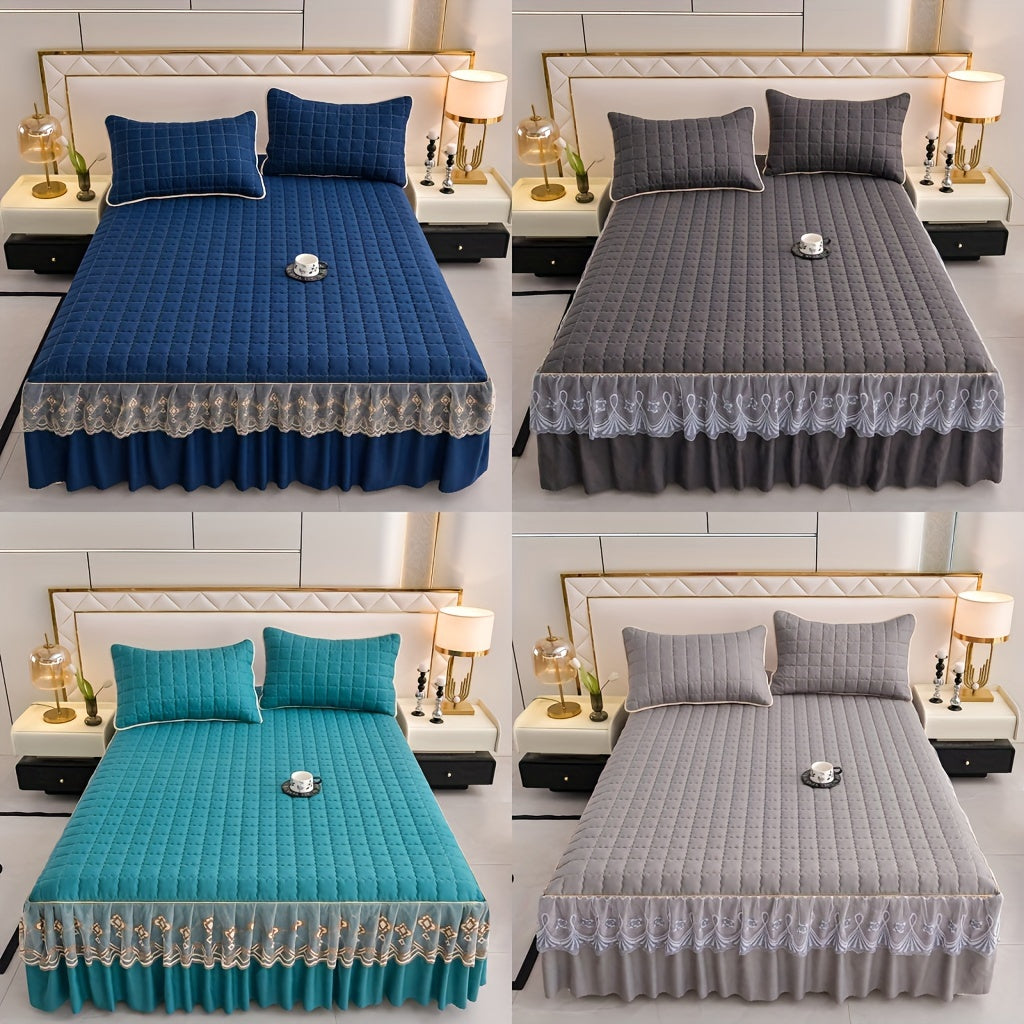 Luxury bedding set includes quilted edge bed skirt, 2 pillowcases, mattress protector, bed sheet, and duvet cover. Skin-friendly, breathable, and easy to maintain. Suitable for various