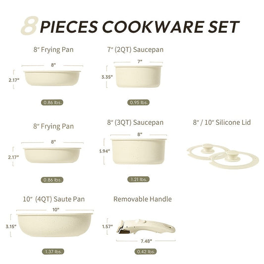 8-piece KATBITE Non-Stick Aluminum Cookware Set in White - Induction Compatible, Space-Saving Design, Oven and Fridge Safe, Features Versatile Removable Handle and Detachable Lid - Ideal for RV Use.