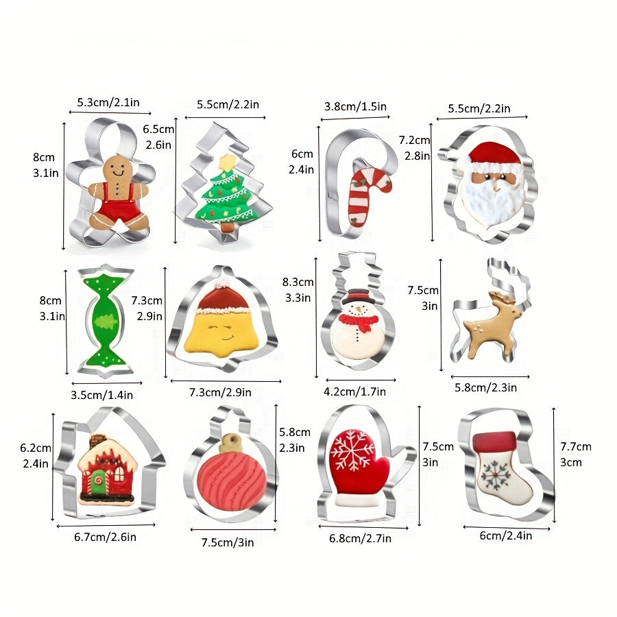 Set of 12 Christmas cookie cutters made of stainless steel, including molds for gingerbread man, candy house, and reindeer. Perfect for holiday baking in the home kitchen.