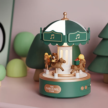 Cartoon Carousel Music Box Night Light with adjustable lighting and push button control, rechargeable via USB. Perfect for home decor and gifting.