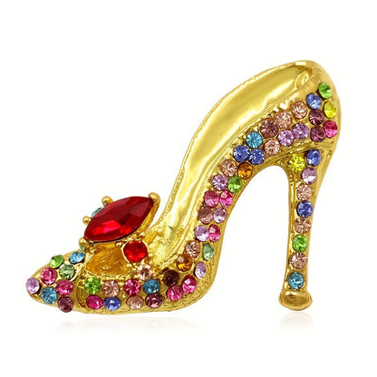 Rhinestone-studded high heel brooch pin with a sparkling finish - Adds a touch of elegance to shirts, suits, cardigans, scarves, and shawls - Ideal for parties and banquets - A fantastic gift idea for women.