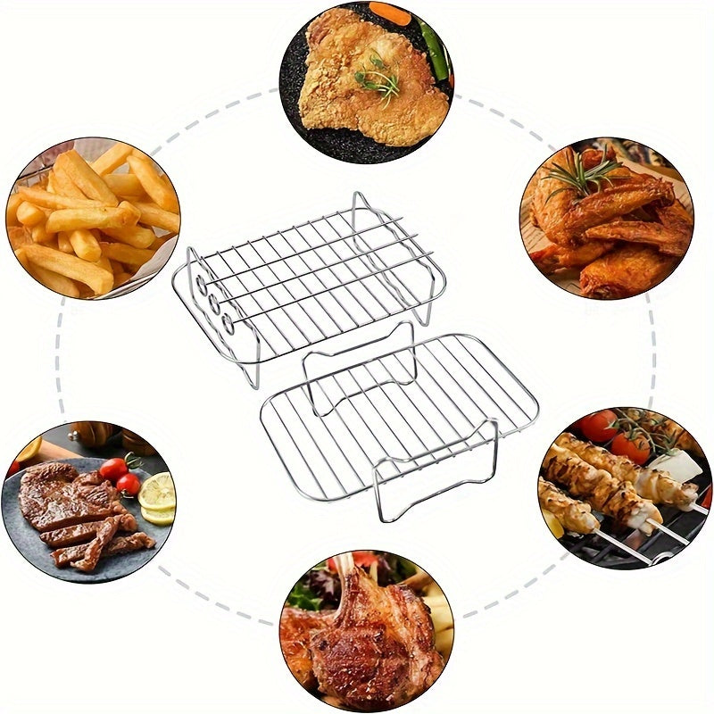 2 sets or 6 pieces of Stainless Steel Double-Layer Air Fryer Rack that can be used for various purposes, compatible with Ninja Air Fryer AF300/400/451UK, Towert17088...... Also includes 1 silicone food clip, 1 silicone oil brush, and 2 silicone gloves as