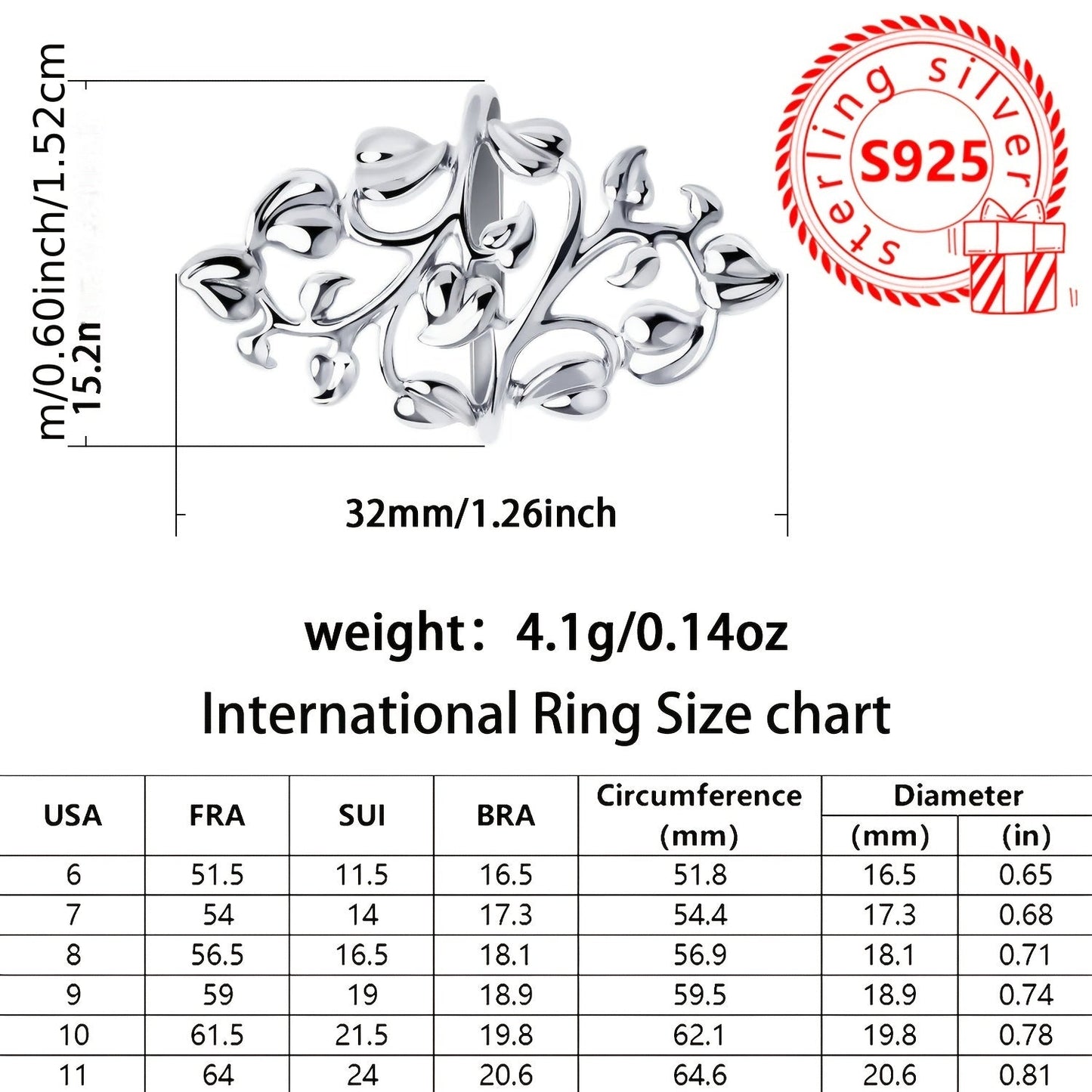 Beautiful S925 Sterling Silver Leaf Wrap Ring - Allergy-Free, Unique and Eye-Catching Design, Ideal for Both Everyday and Formal Wear, Long-Lasting and Comfortable Piece of Jewelry for Women, Lightweight at 4.1g, Great as a Gift, Stylish and Elegant Look