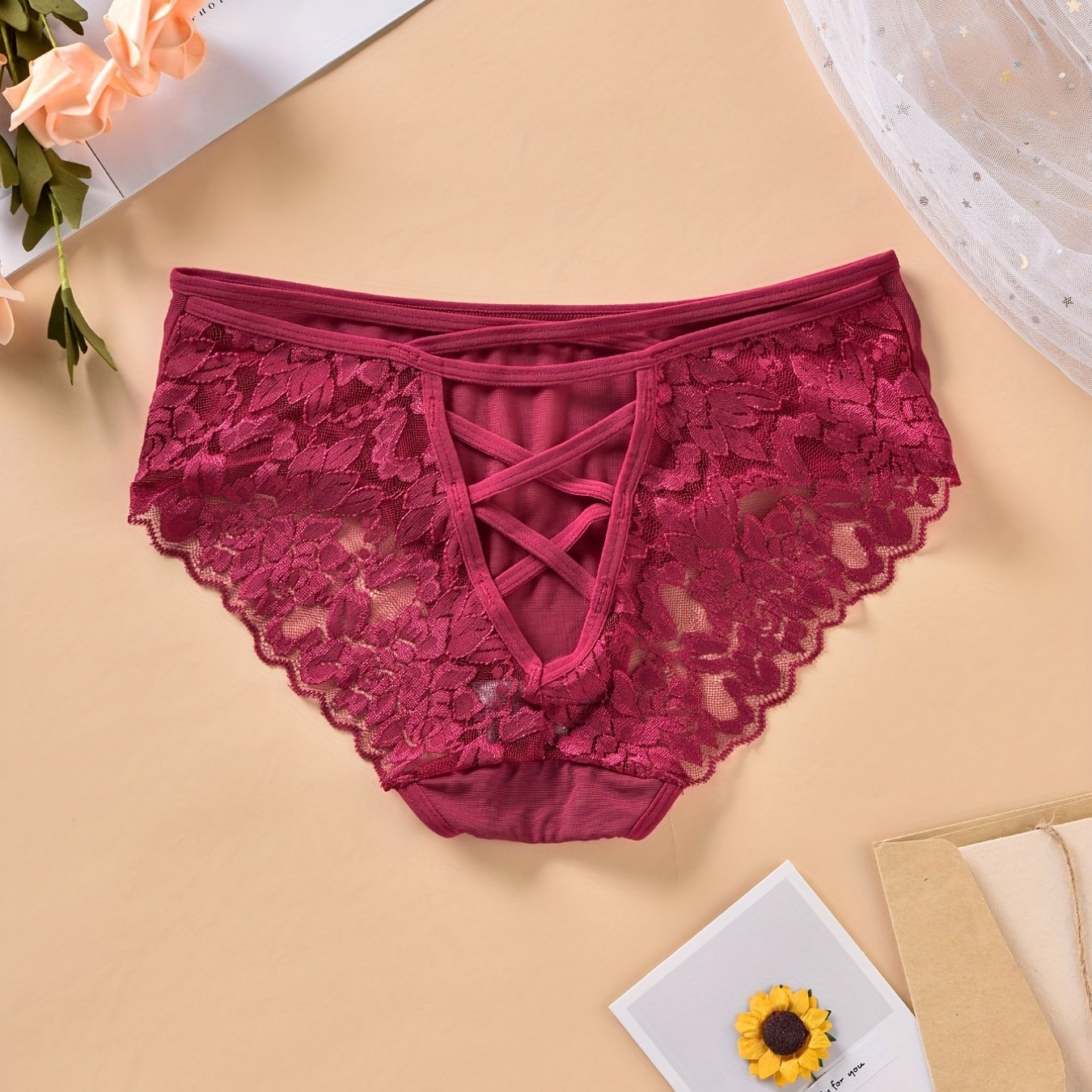 Comfortable back cross strap hipster panties with hollow mesh design - women's lingerie & underwear.