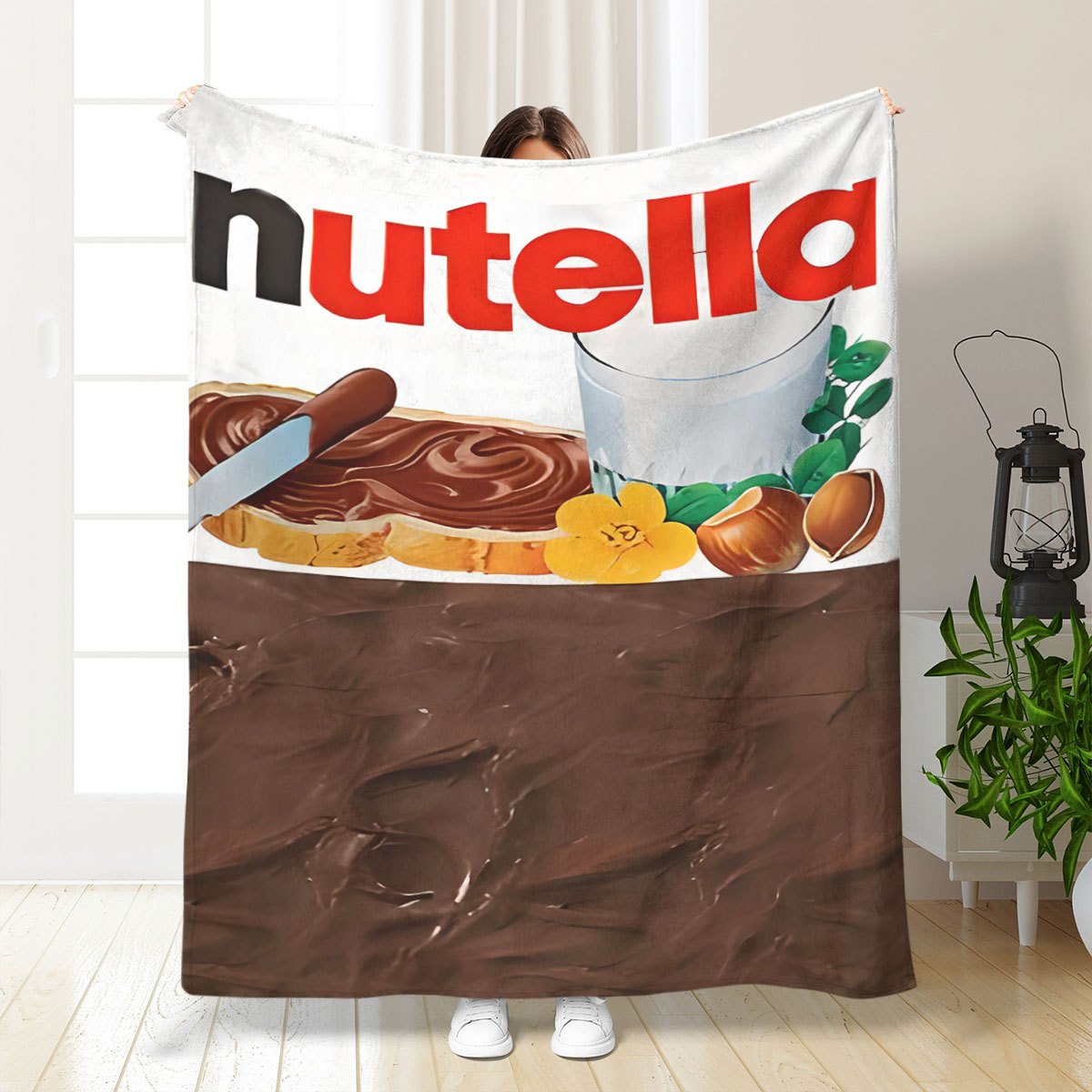 Stay cozy with this Nutella-inspired flannel throw blanket featuring a modern digital print. This stain-resistant blanket is perfect for all seasons and made with durable polyester knit fabric, ideal for home decor, office use, travel, and picnics.