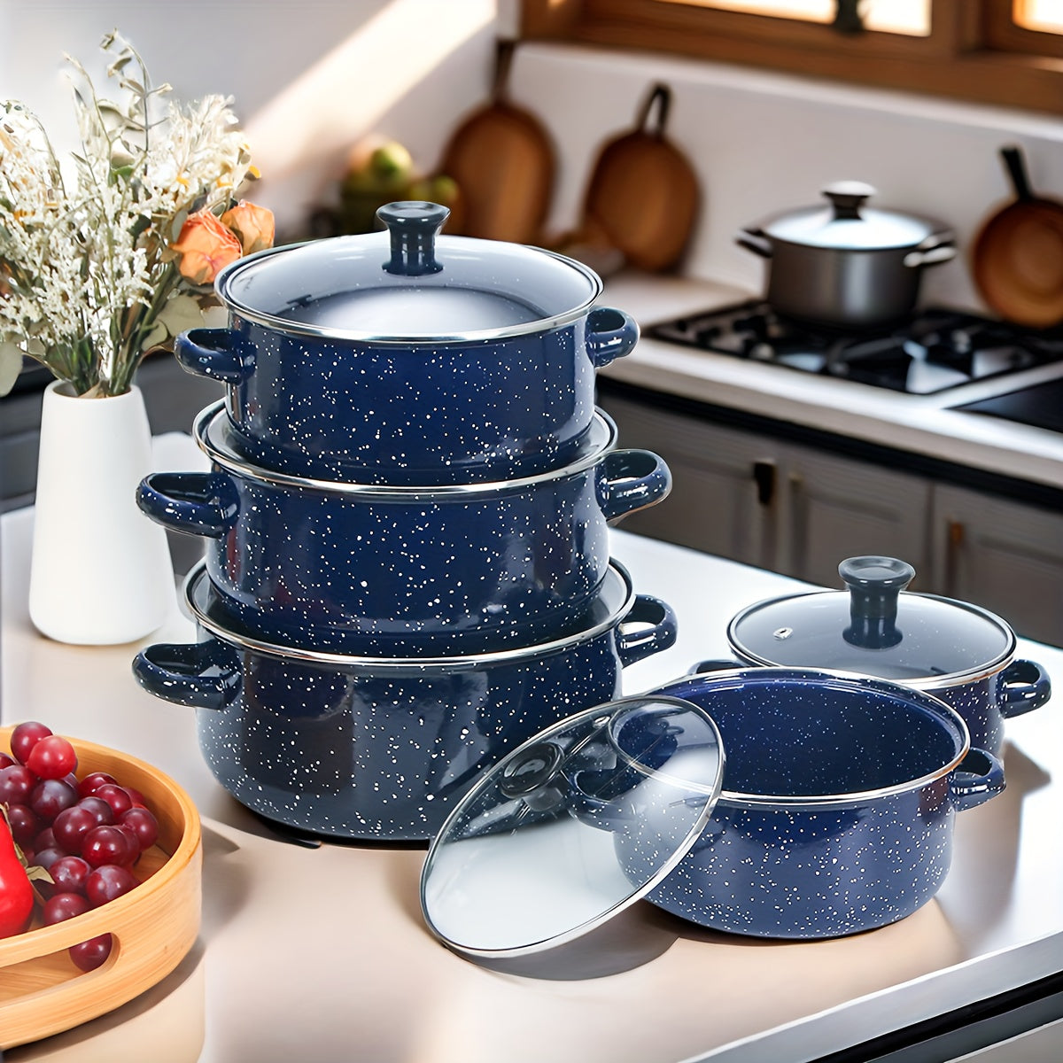 Lightweight Portable Enamel Pot Set - Includes 3 Pieces for Easy Cooking and Cleaning. Versatile Set for Soup, Boiling, Stewing, and Frying. Non-stick Surface for Convenience. Ideal for Restaurant and Home Kitchen Use, as well as Outdoor Cooking on Gas