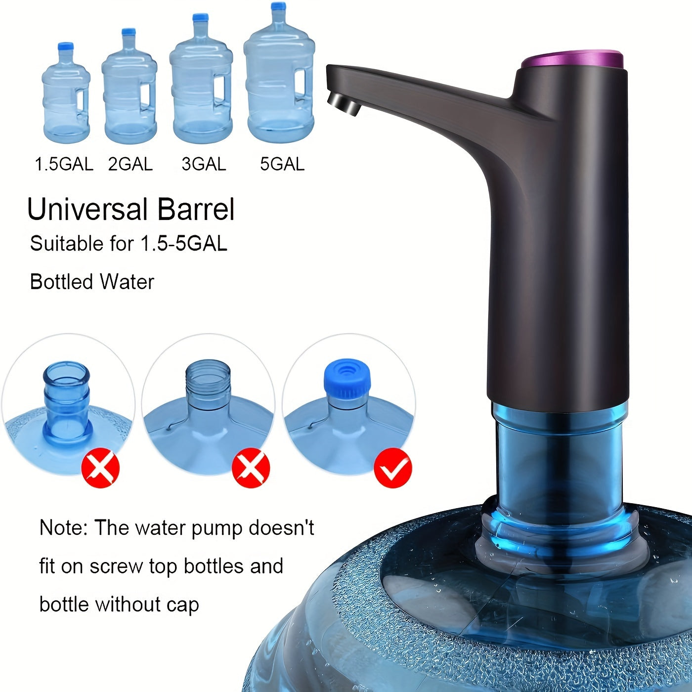 Portable water pressure device for home, office, or dormitory - USB rechargeable electric water bottle pump, automatic drinking water dispenser for jugs ranging from 5.68 to 18.93 liters.