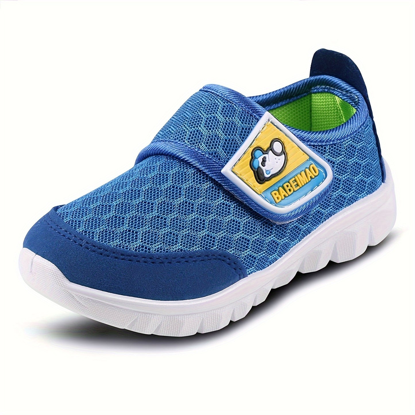 Breathable mesh sneakers with hook-and-loop strap, rubber sole, light gray with black accents for boys.