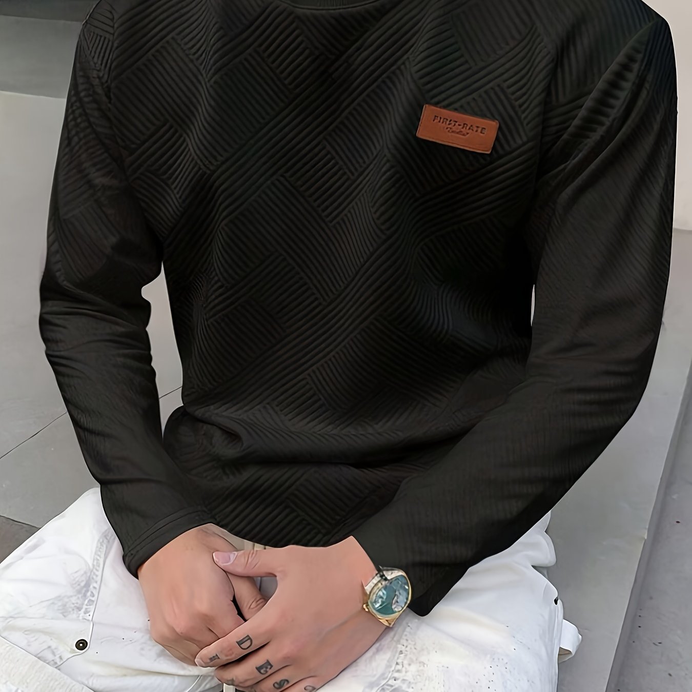 Men's casual sweatshirt with soft polyester material, crew neck, long sleeves, gradient color design, chevron patch detail. Suitable for spring and autumn, machine washable.