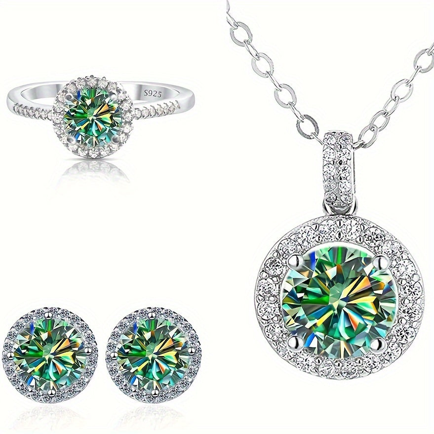 The Gems Lady multi-piece set includes a 4-piece set featuring a 1 carat moissanite four-prong pendant and earrings, as well as an exquisite S925 pure silvery ring. This set is perfect for elegant daily wear and makes a thoughtful gift for family