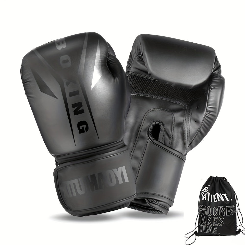 Various sizes of faux leather boxing gloves for adults, suitable for men and women. Perfect for Muay Thai sparring, MMA training, and gym use. Features adjustable strap closure for a secure