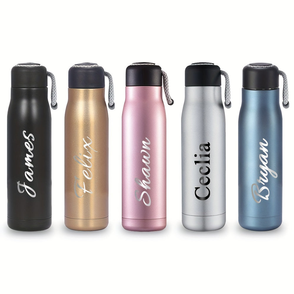 Personalized thermos bottle with laser-engraved text on stainless steel featuring rope design.