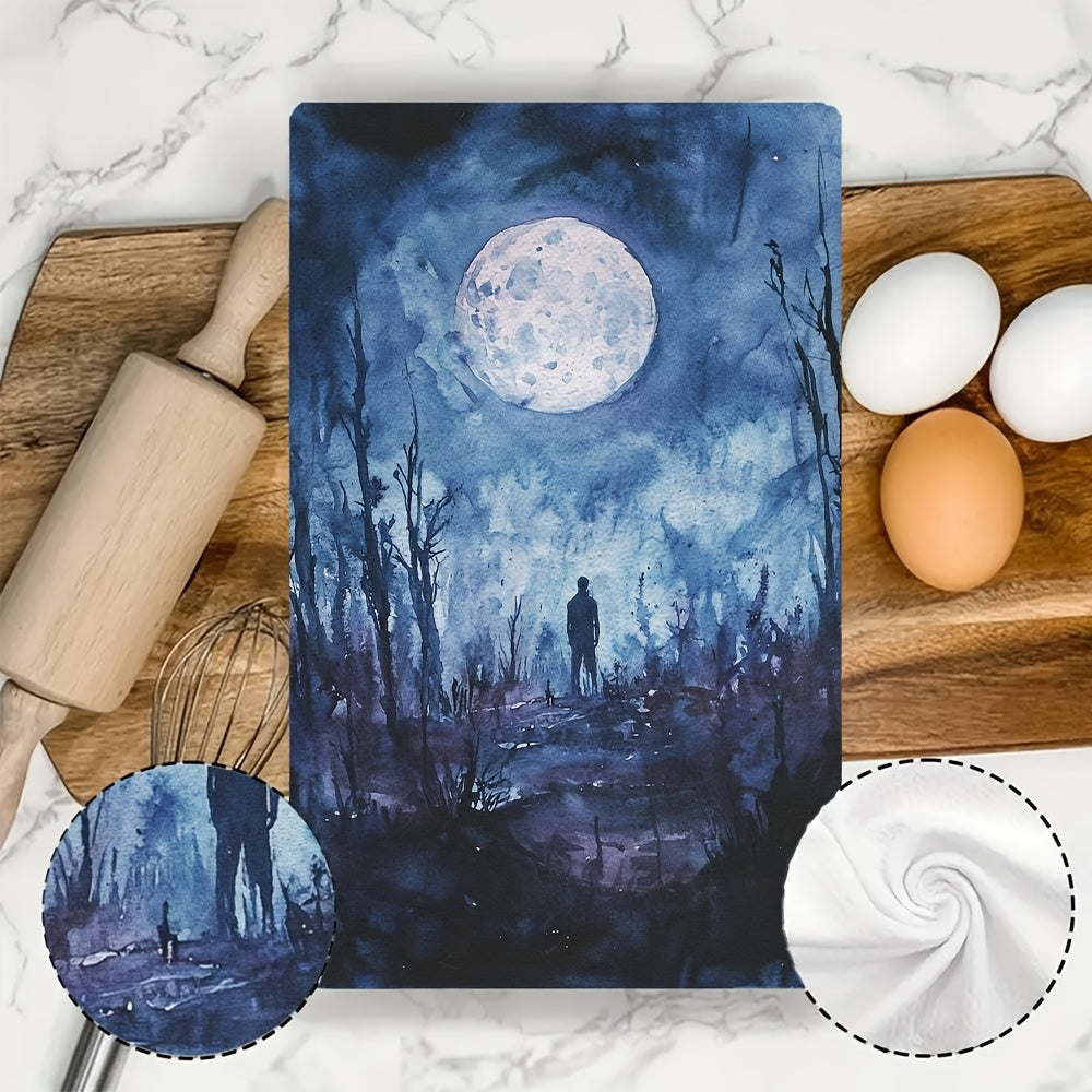 Set of 2 Ultra Soft Kitchen Towels featuring a Supernatural Night Theme with Full Moon & Shadowy Figure. These highly absorbent Polyester Dish Hand Towels are machine washable and measure 40.64x60.96 cm. Perfect for Holiday Decor and everyday use in the