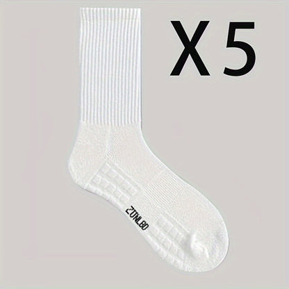 5 pairs of men's cotton blended mid-length sports socks, suitable for outdoor activities, home use, and fitness enthusiasts, size USA 6-9