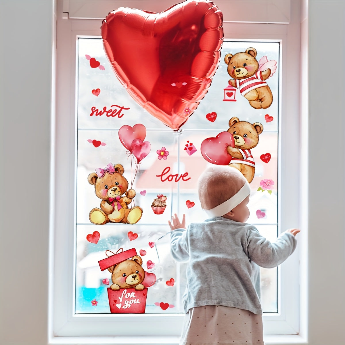 Valentine's Day Teddy Bear Heart Balloons Window Stickers - 2 Sheets, Made of Reusable PVC, Static Cling for Easy Application, Double-Sided Design for Enhanced Visual Appeal, Perfect for Holiday Decor, Model D10010-KQ.