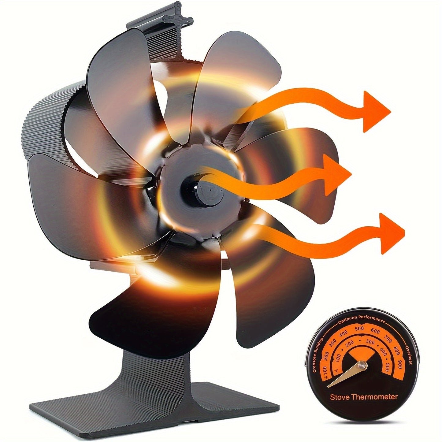 Wood Stove Fan Heat Powered, 6 Blade Design, Non-Electric Fireplace Fan with Stove Top Thermometer for Wood Burning Stove/Fireplace