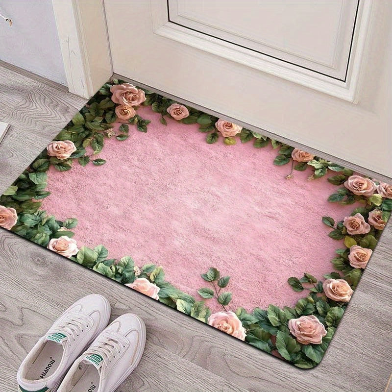 Polyester Doormat with Floral Design, Machine Washable, Non-Slip, 8mm Thick, Decorative Indoor Entrance Mat in Rectangle Shape for Kitchen, Living Room, Bedroom.