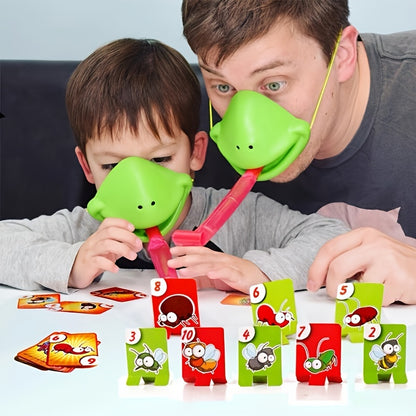 Interactive frog tongue-action game set for kids aged 3-6 includes masks, tongues, target sheets, and numbered tiles. Educational board game made of plastic for 2-4 players.