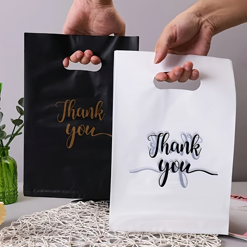 Stylish reusable plastic tote bags, ideal for retail, boutique, gifts, clothing & party favors, with elegant thank you text in black, white, and pink with golden cursive.