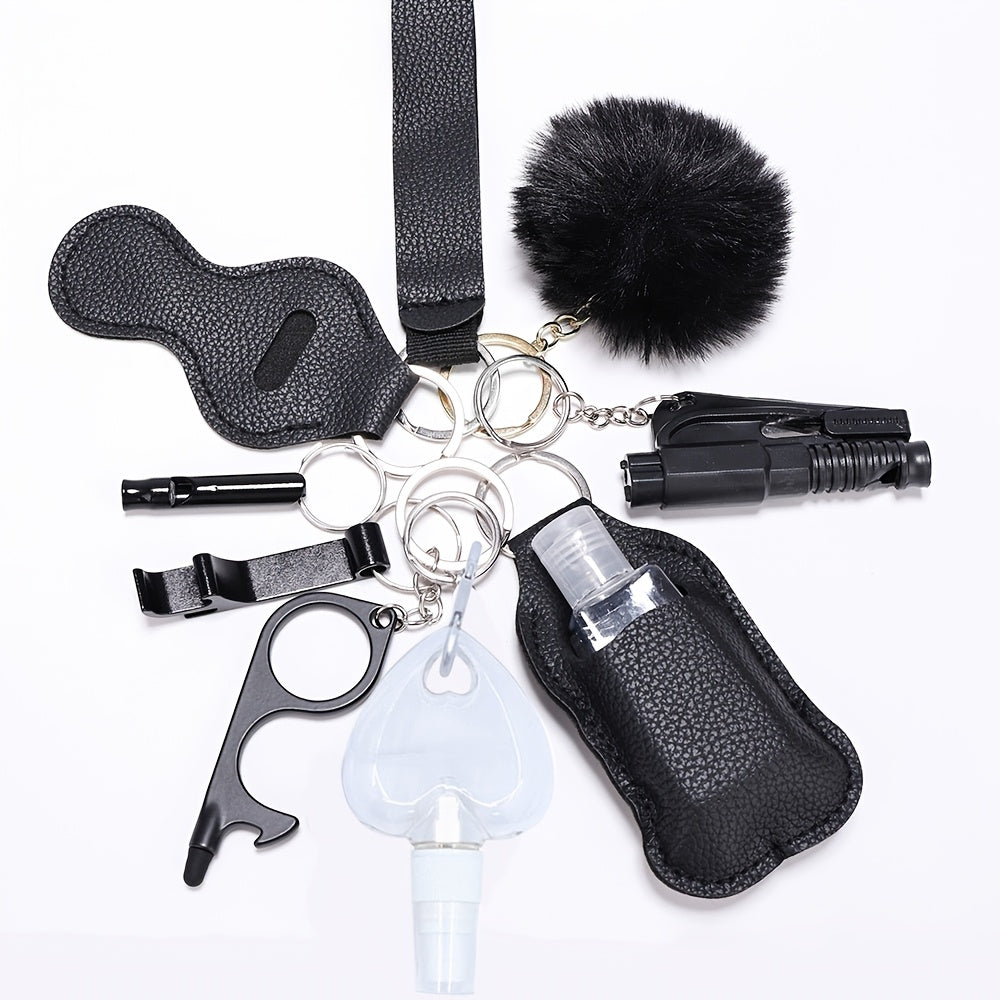 A set of 10 self-defense items for women, including a window breaker, spray bottle, lipstick holder, and other accessories. Perfect for birthday gifts for moms and women.