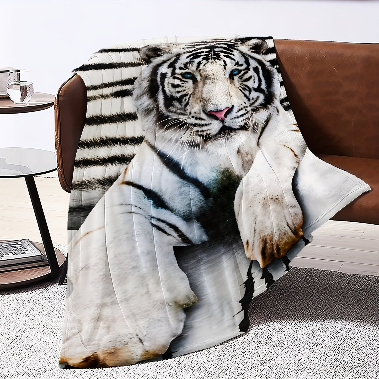 Soft and comfortable 1pc White Tiger Printed Flannel Blanket perfect for adults at home, picnic, or travel. Great as a gift too!